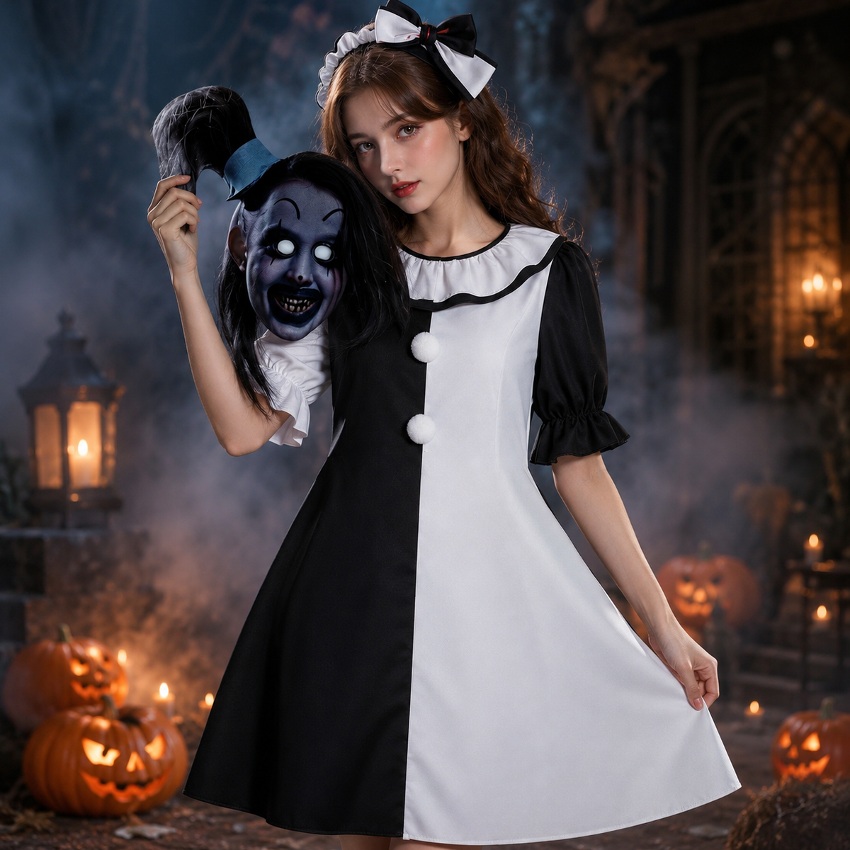 Art the Clown Style Costume Black White Jumpsuit or Dress Mini Hat Mask