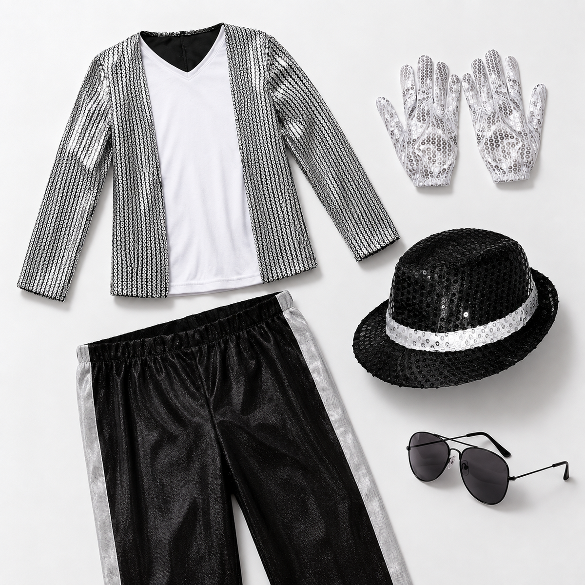 Kids 80s Pop Star Costume Silver Sequin Jacket Pants Fedora Gloves