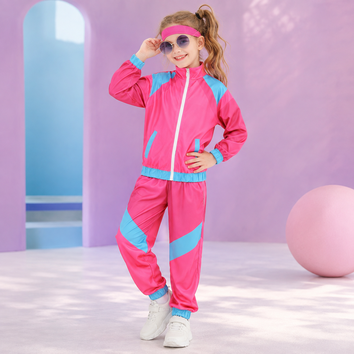 Kids 80s Retro Tracksuit Costume Color Block Jacket Pants Headband
