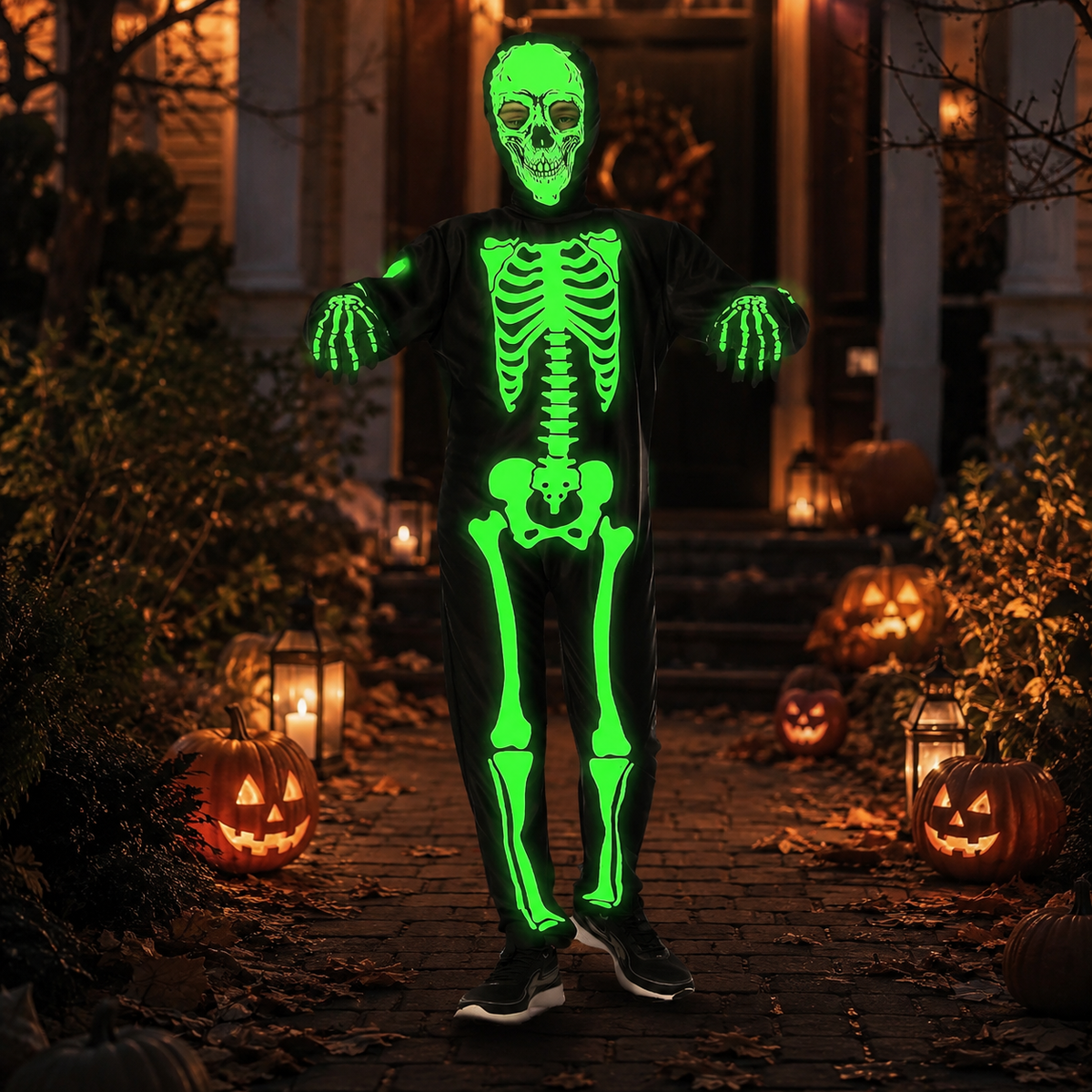 Glow in the Dark Skeleton Costume Hooded Skull Jumpsuit with Gloves