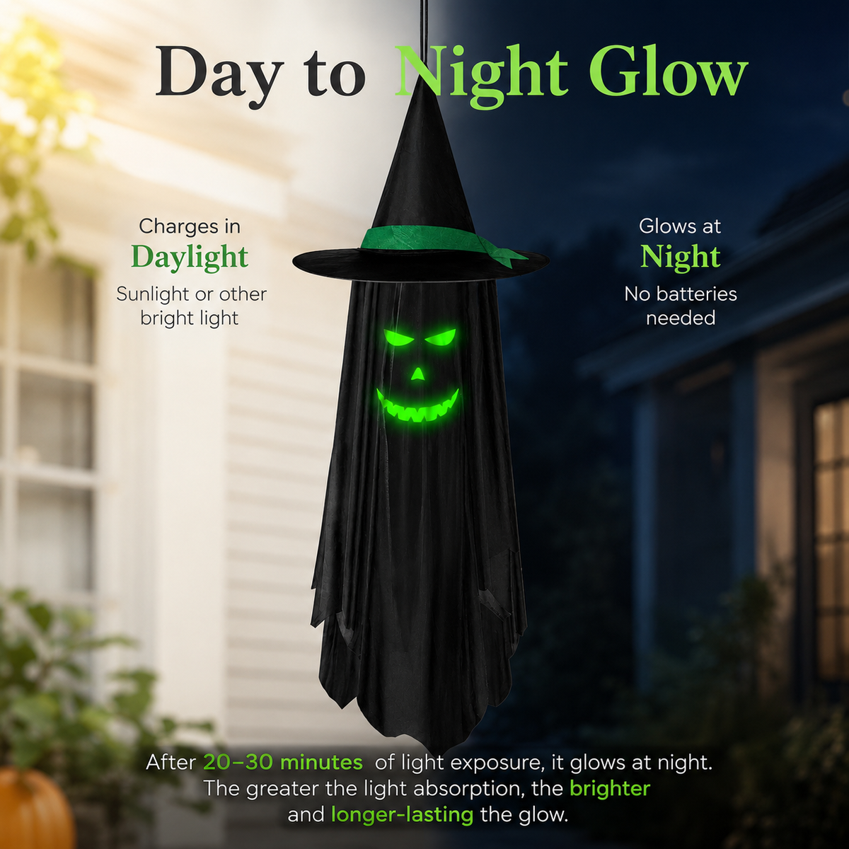 Hanging Witch Hat Ghost Glow in the Dark Halloween Decoration 100cm