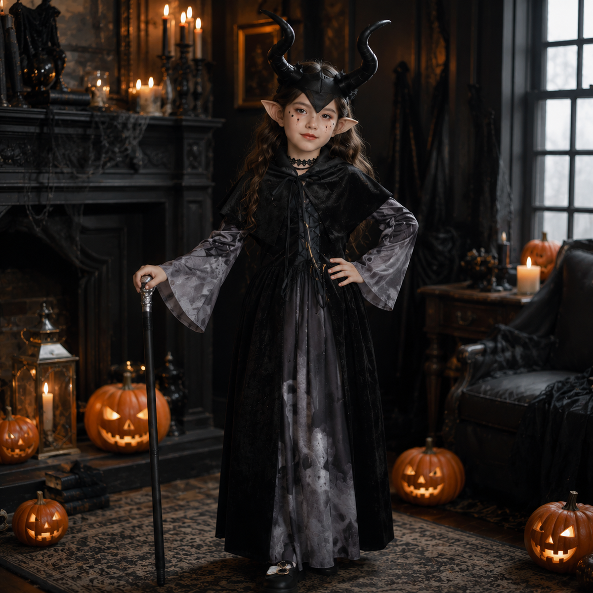 Girls Dark Fairy Costume Black Hooded Dress Horns Elf Ears Cane