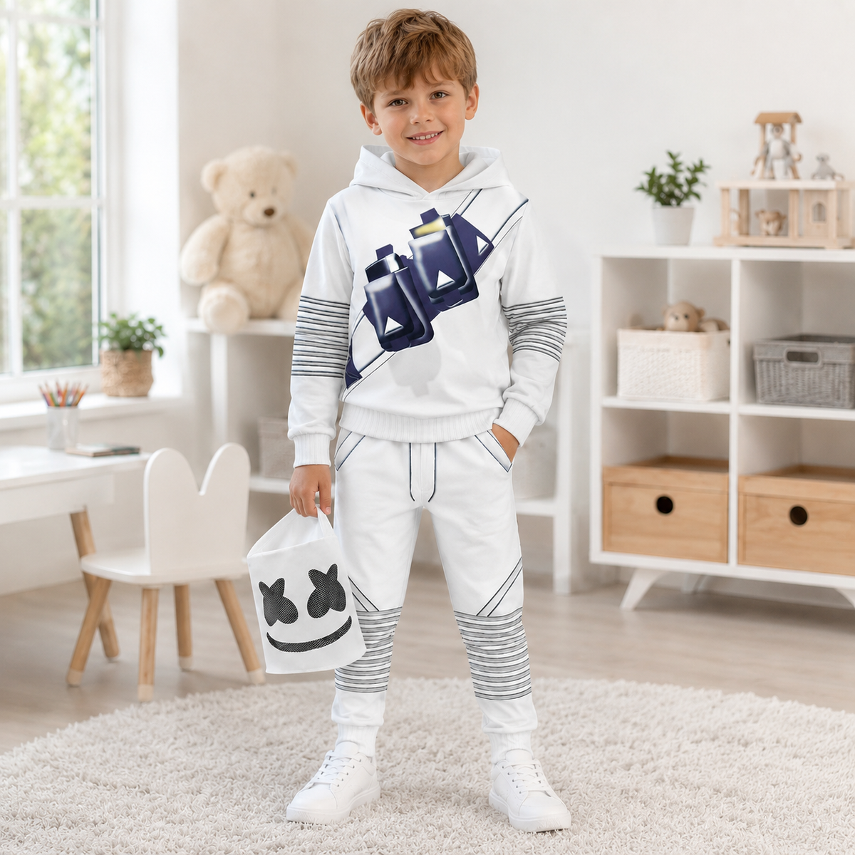 Kids Marshmello Style DJ Costume White Hoodie Joggers Mask Options
