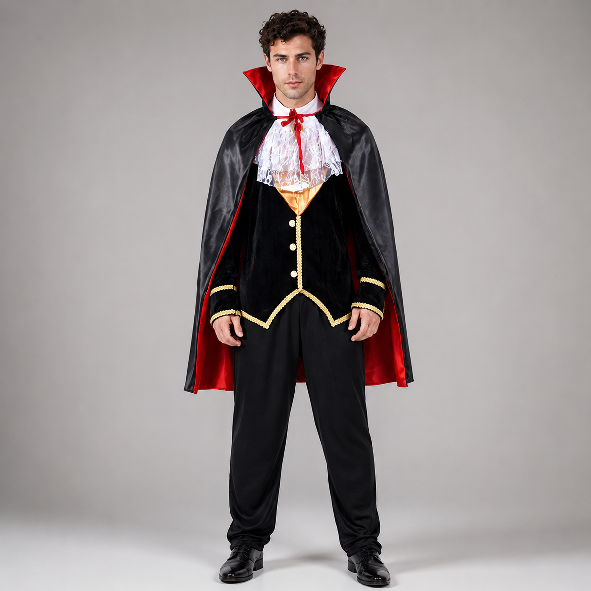 Mens Vampire Costume Satin Cape High Collar Vest Ruffle Shirt Dracula