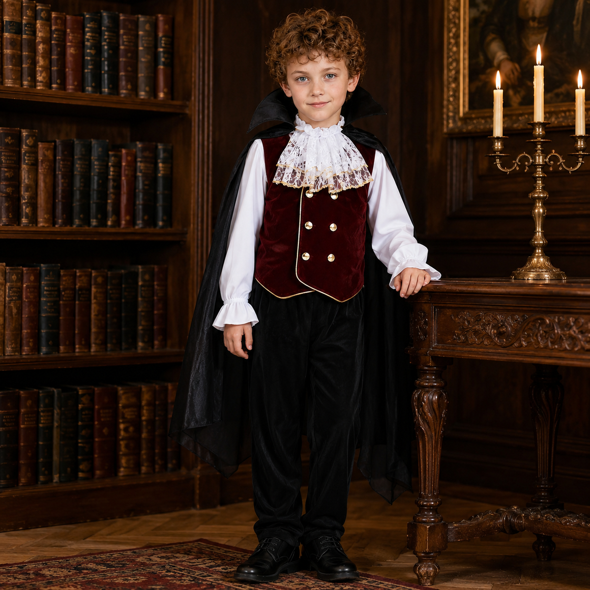 Boys Vampire Costume Velvet Vest Lace Jabot Shirt Cape Pants Kids