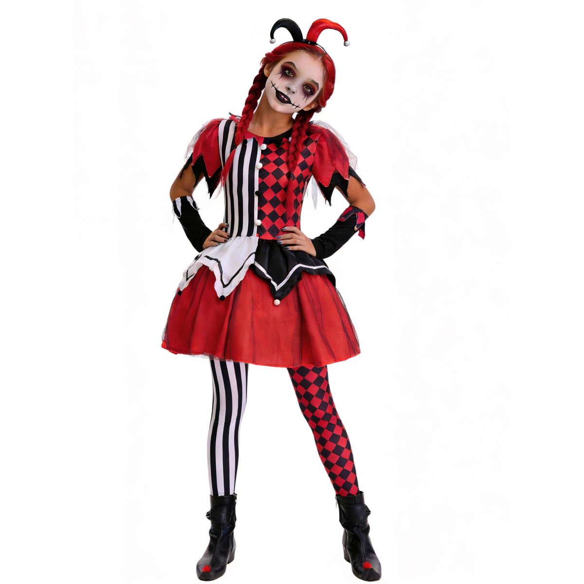 Harlequin Jester Costume Dress Red Black Diamond Tights Horn Headband
